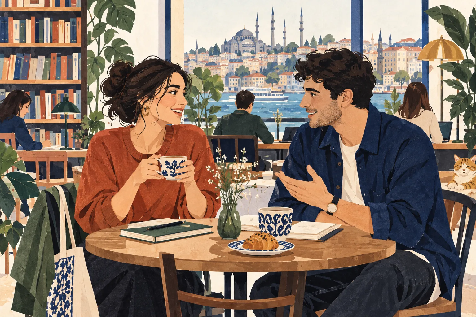 Bir kütüphane kafesinde tanışıp sohbet eden iki kişiyi gösteren illüstrasyon