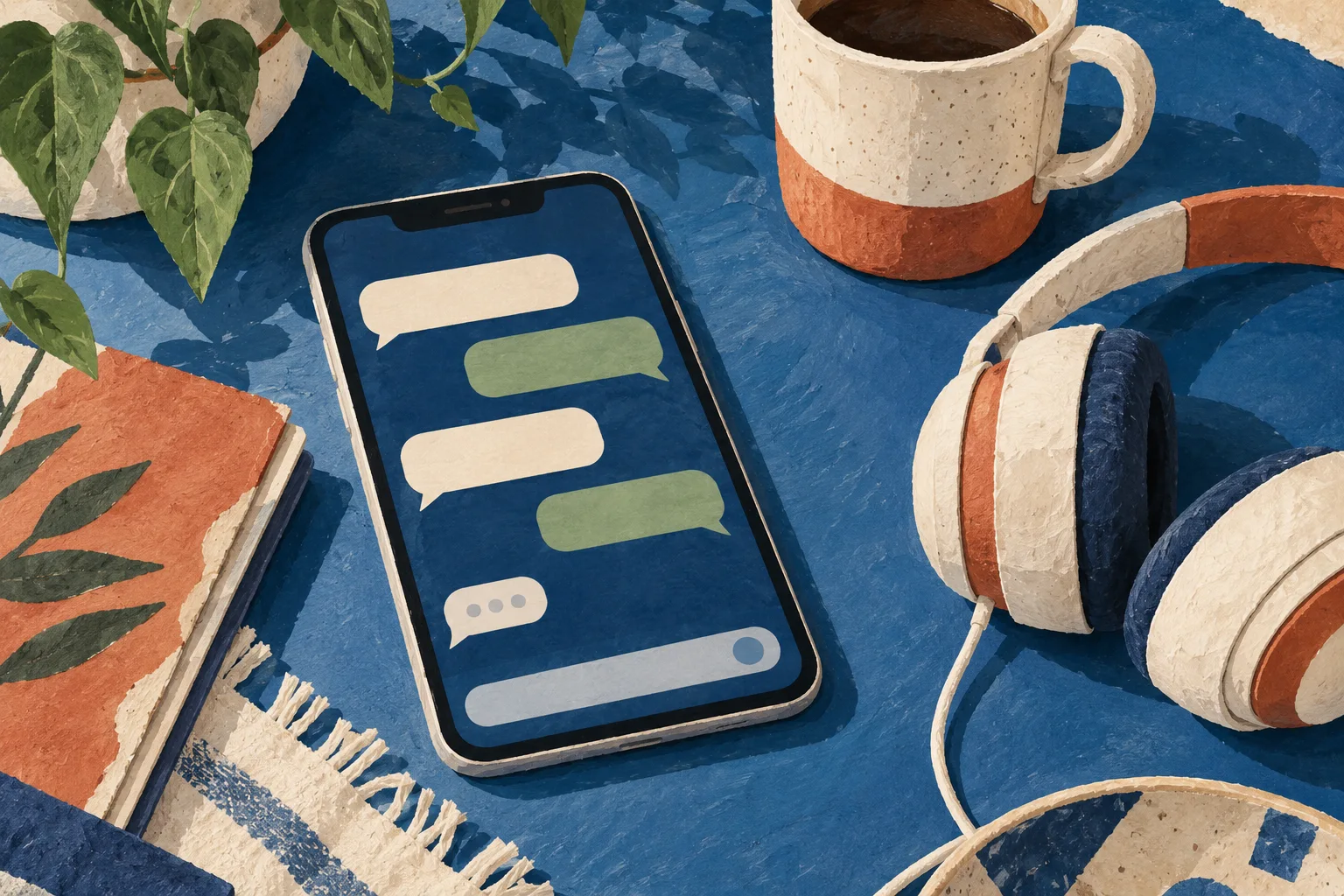 Telefon, boş konuşma balonları ve kahveyle mesajlaşma illüstrasyonu